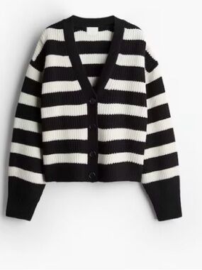 H&M Black and White Striped V-Neck Button-Up Cardigan